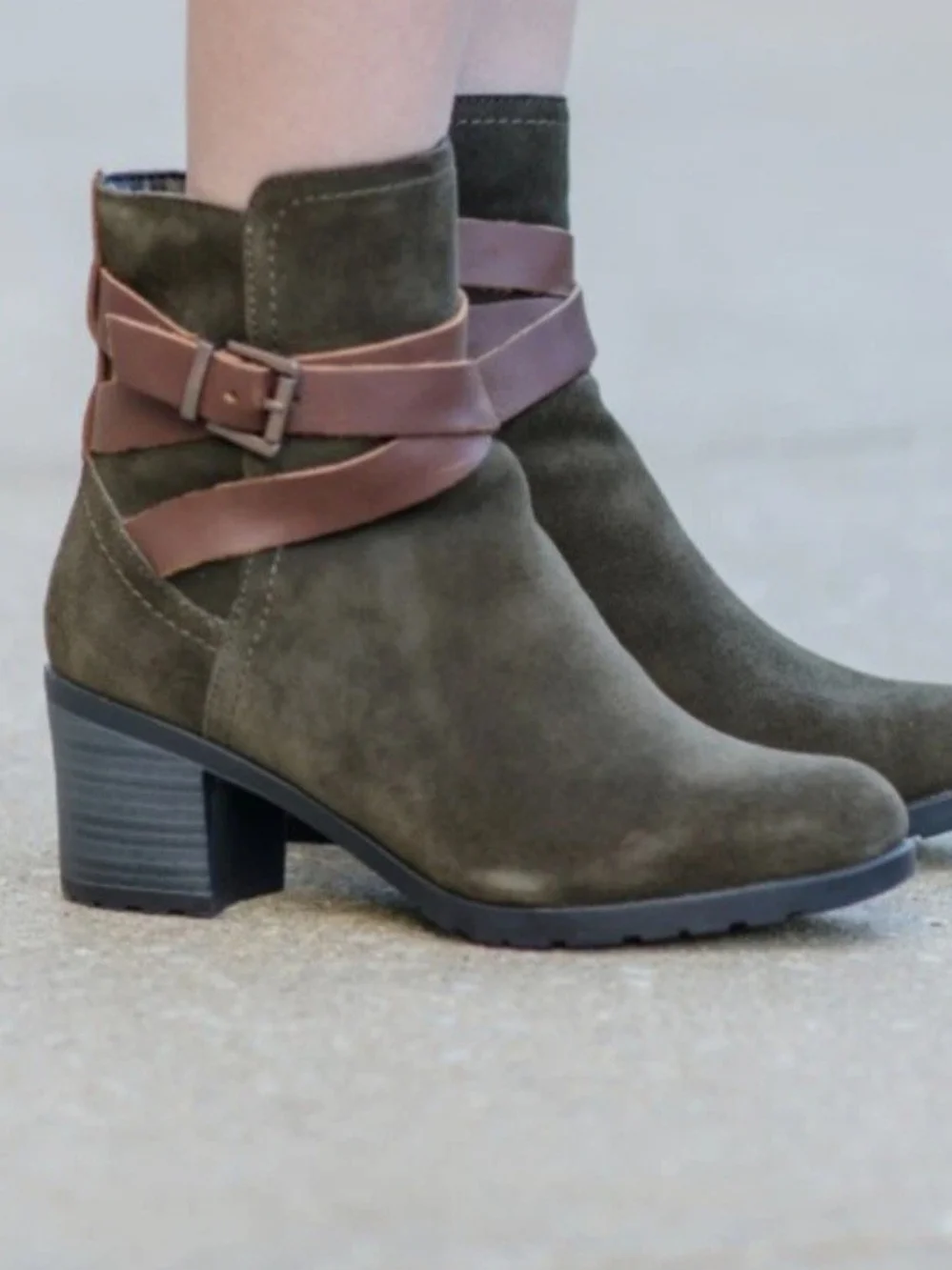 Skechers Women's Suede Ankle Boots with Olive Color Brown Wrap Strap